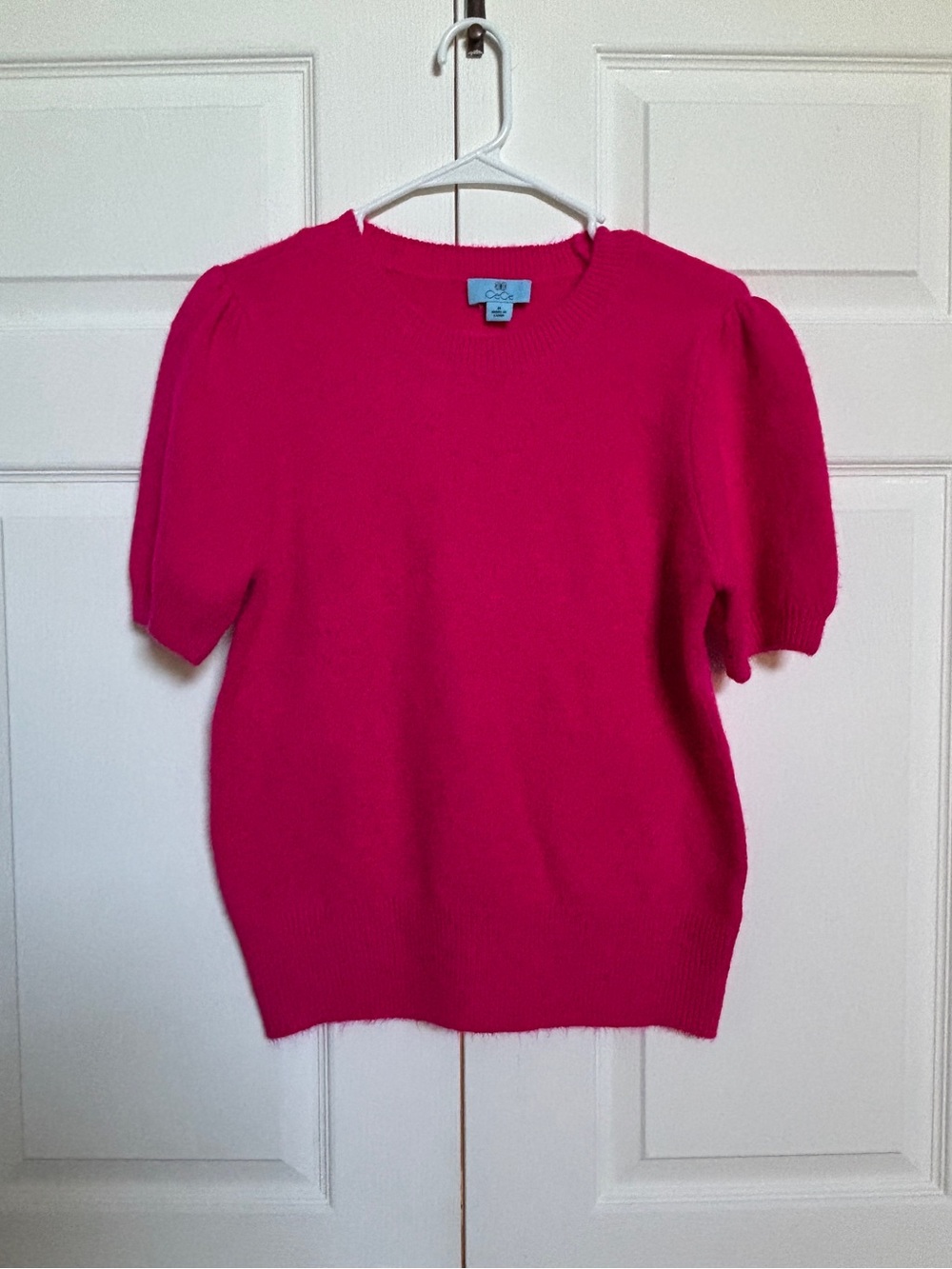 CeCe Pink Puff Sleeve Knit Sweater Women’s Size M Crew Neck Top